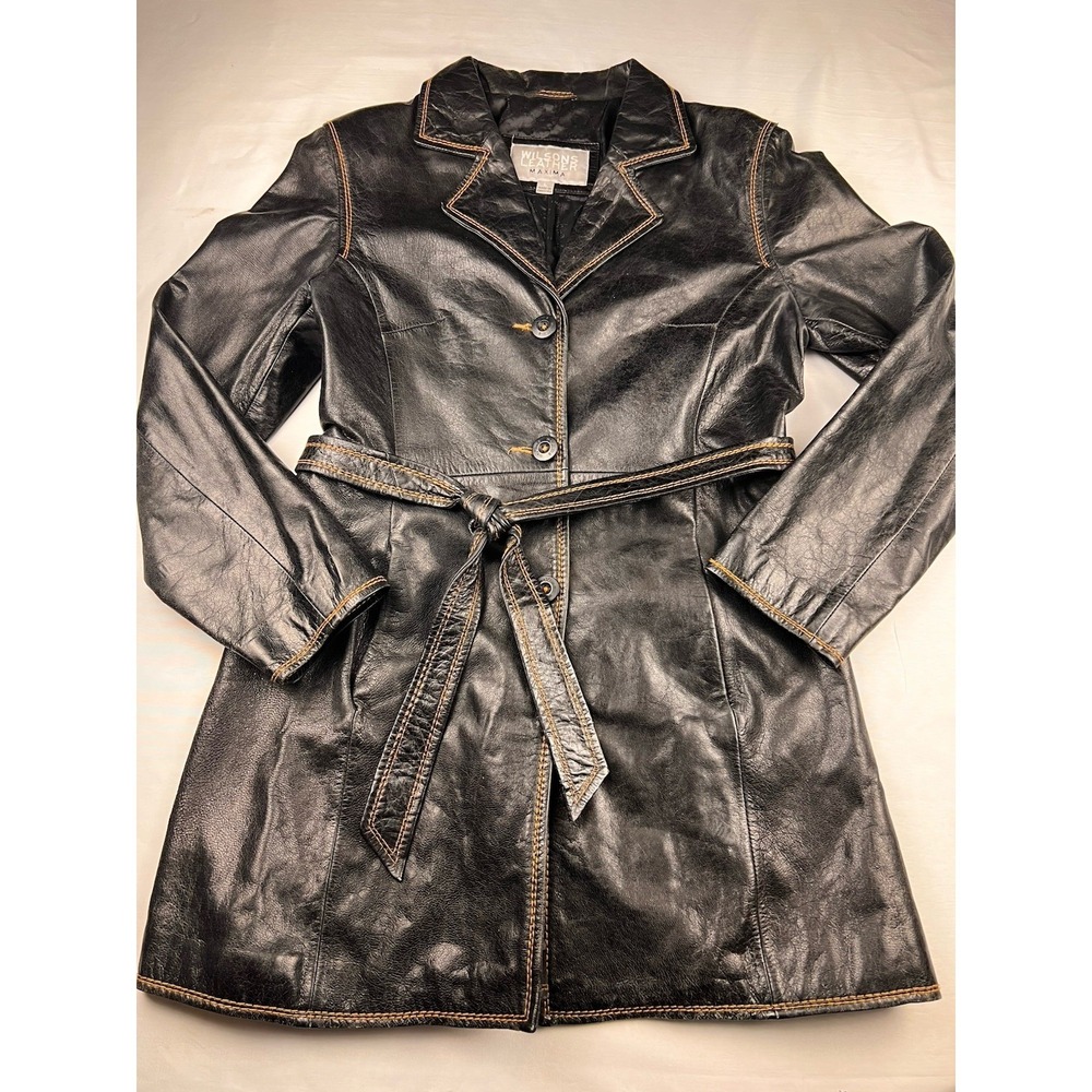 VTG Maxima Wilson Leather Trench Coat Button Mid Length Contrast Stitch Black Lg